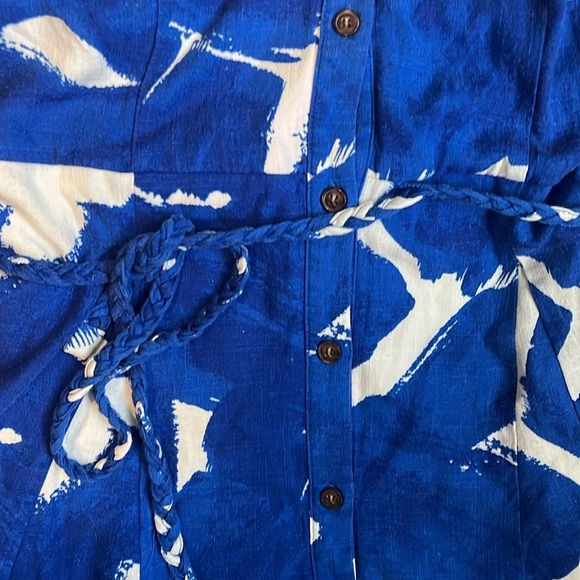 Nine West Flutter Sleeve Button Front Godet Dress Santorini Blue Rayon Linen Med - Picture 5 of 6